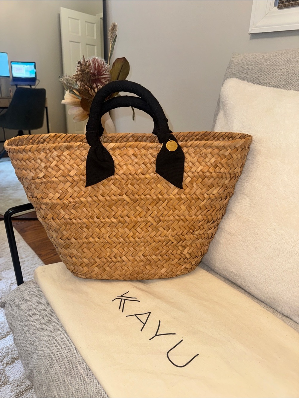 KAYU Black-Handle Woven Straw Tote Bag